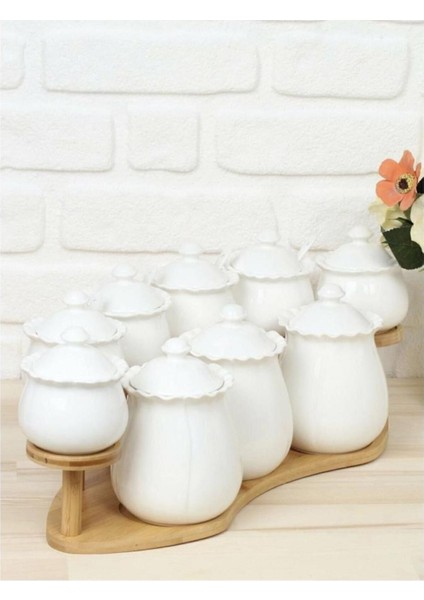 Luxury Hürrem Porselen Bambu Standlı 9 Parça Baharat Takımı 1 Adet