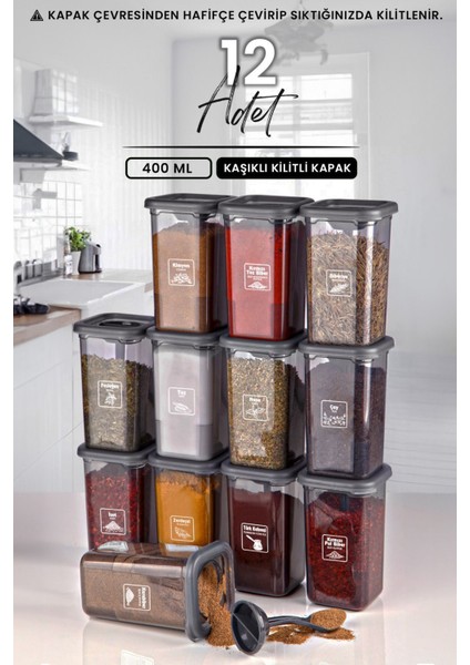 Luxury 12'li Azure Etiketli ve Kendinden Kaşıklı Baharatlık Seti 400 ml - Baharatlık Takımı 1 Adet