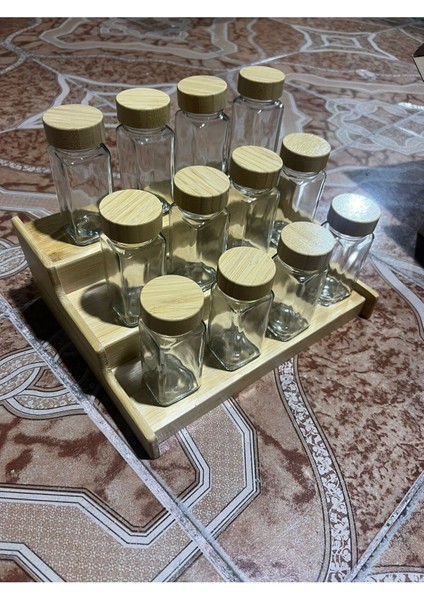 Luxury 18 Adet Bambu Kapaklı Cam Baharatlık Seti ve 3 Katlı Bambu Baharatlık Standı 1 Adet