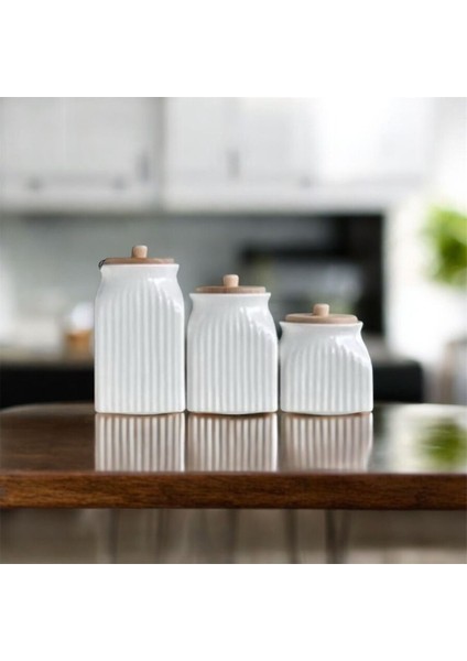 Luxury 3' Lü Vakumlu Ahşap Kapaklı Beyaz Kavanoz Seti Takımı 1 Adet