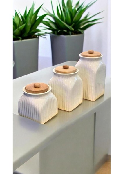 Luxury 3' Lü Vakumlu Ahşap Kapaklı Beyaz Kavanoz Seti Takımı 1 Adet modelleri