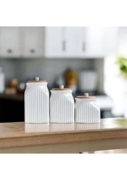 Luxury 3' Lü Vakumlu Ahşap Kapaklı Beyaz Kavanoz Seti Takımı 1 Adet fırsatları