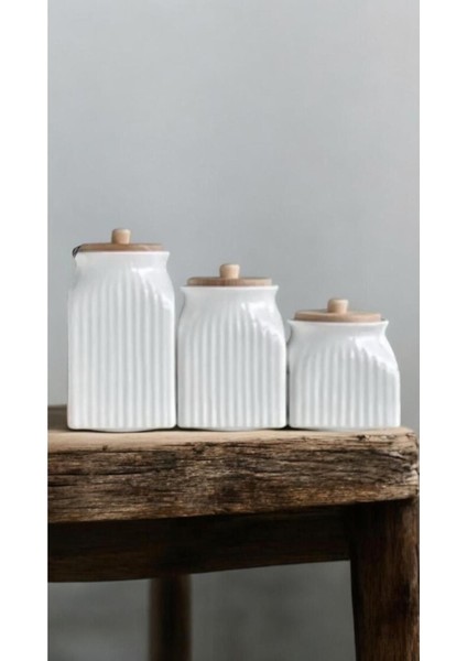 Luxury 3' Lü Vakumlu Ahşap Kapaklı Beyaz Kavanoz Seti Takımı 1 Adet indirimleri