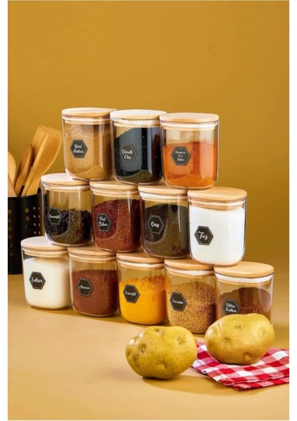 Luxury 12Lİ 400 ml Ahşap Kapaklı Baharat Saklama Kabı(Etiket Hediyeli) 1 Adet