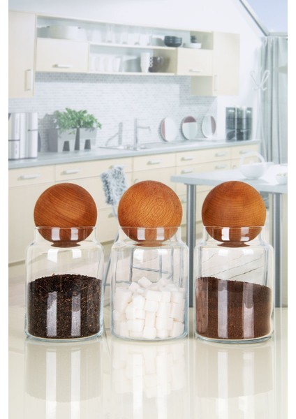 Luxury 3'lü 1000 ml Ahşap Top Kapaklı Cam Kavanoz Seti Çerezlik Baharatlık Mantar Top Kapaklı Saklama Kabı 1 Adet