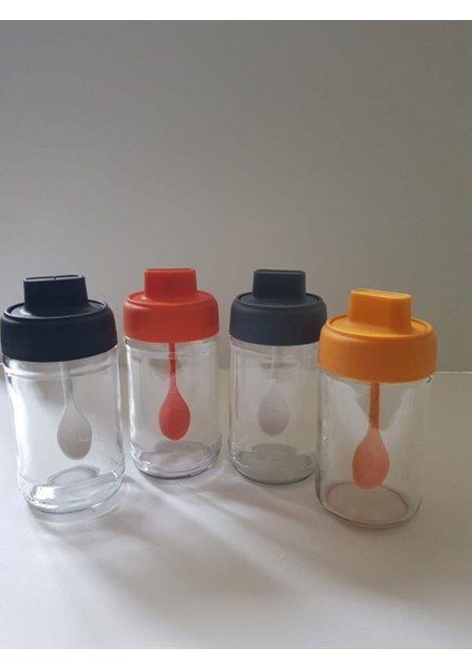 Luxury 4 Adet Renkli Kendinden Kaşıklı Baharatlık Seti - 330 ml - Cam Kavanoz 1 Adet