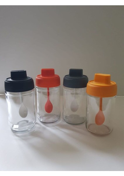 Luxury 4 Adet Renkli Kendinden Kaşıklı Baharatlık Seti - 330 ml - Cam Kavanoz 1 Adet