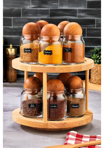 Luxury 10'lu Ahşap Top Kapaklı Döner Standlı Etiketli Cam Baharatlık Seti Saklama Kavanozu 300 ml 1 Adet