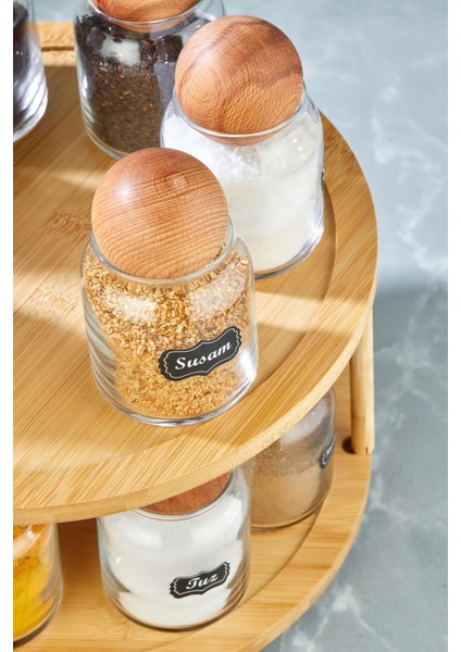 Luxury 10'lu Ahşap Top Kapaklı Döner Standlı Etiketli Cam Baharatlık Seti Saklama Kavanozu 300 ml 1 Adet modelleri