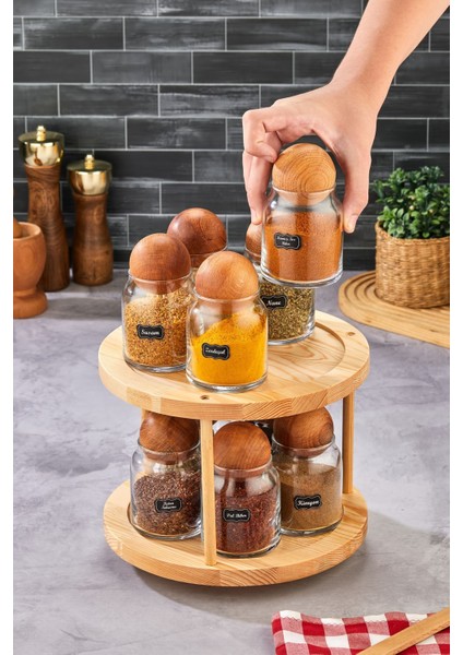 Luxury 10'lu Ahşap Top Kapaklı Döner Standlı Etiketli Cam Baharatlık Seti Saklama Kavanozu 300 ml 1 Adet indirimleri