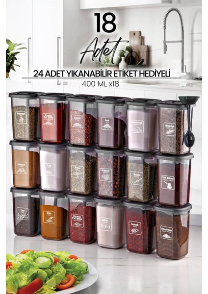 Luxury 18'li Azure Etiketli ve Kendinden Kaşıklı Baharatlık Seti 400 ml - Baharatlık Takımı 1 Adet