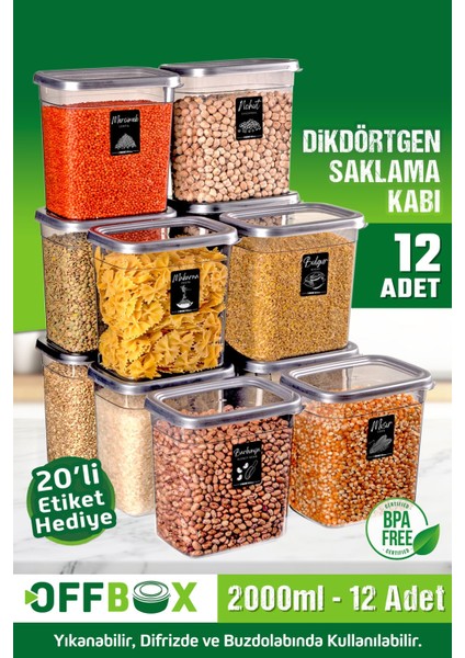 Luxury 12 Adet 24 Parça 2 Litre Dikdörtgen Erzak Bakliyat Baharat Saklama Kabı Seti 20 Etiket Hediyeli 1 Adet