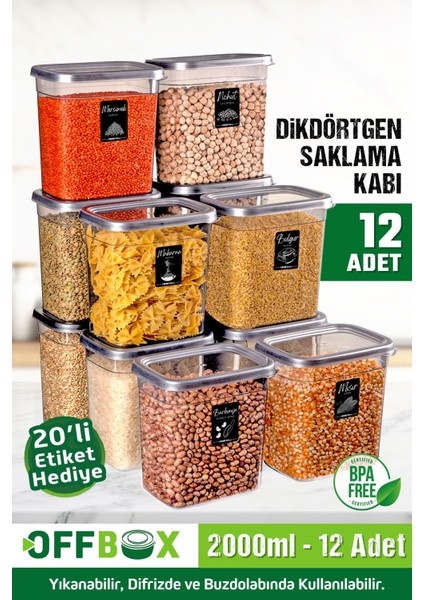 Luxury 12 Adet 24 Parça 2 Litre Dikdörtgen Erzak Bakliyat Baharat Saklama Kabı Seti 20 Etiket Hediyeli 1 Adet