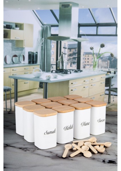 Luxury 12'li 250 ml Bambu Stantlı Vakumlu Ahşap Kapaklı Porselen Görünümlü Akrilik Baharatlık Kaşık Etiket 1 Adet fırsatları