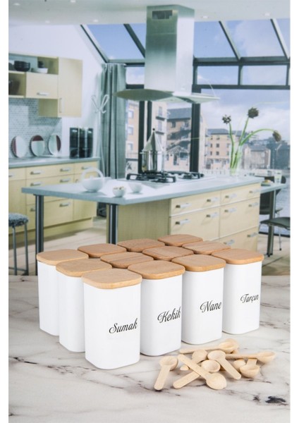 Luxury 12'li 250 ml Bambu Stantlı Vakumlu Ahşap Kapaklı Porselen Görünümlü Akrilik Baharatlık Kaşık Etiket 1 Adet indirimleri