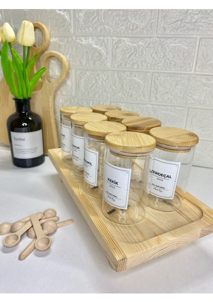 Luxury 8'li 250 ml Bambu Kapaklı Ahşap Stantlı Cam Baharatlık, Etiketli Saklama Kavanozu (Kaşık Dahil) 1 Adet