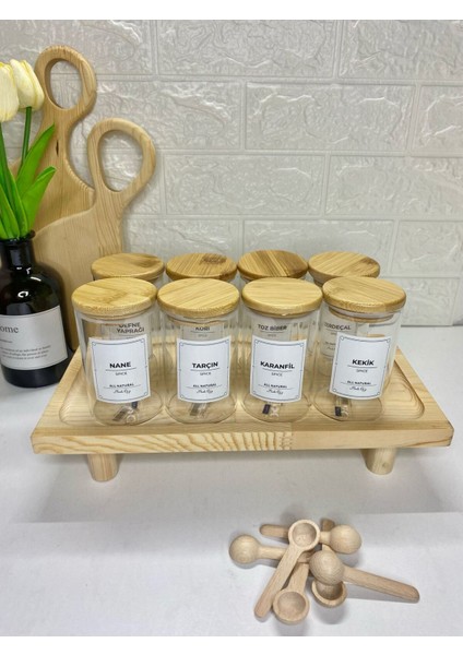 Luxury 8'li 250 ml Bambu Kapaklı Ahşap Stantlı Cam Baharatlık, Etiketli Saklama Kavanozu (Kaşık Dahil) 1 Adet