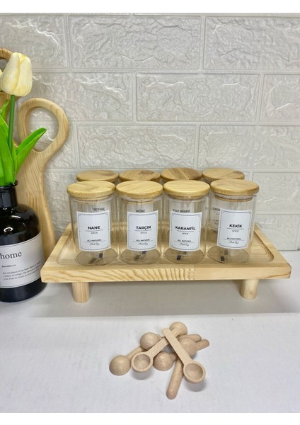 Luxury 8'li 250 ml Bambu Kapaklı Ahşap Stantlı Cam Baharatlık, Etiketli Saklama Kavanozu (Kaşık Dahil) 1 Adet