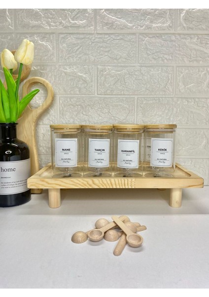 Luxury 8'li 250 ml Bambu Kapaklı Ahşap Stantlı Cam Baharatlık, Etiketli Saklama Kavanozu (Kaşık Dahil) 1 Adet