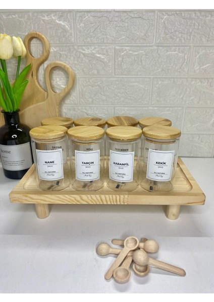 Luxury 8'li 250 ml Bambu Kapaklı Ahşap Stantlı Cam Baharatlık, Etiketli Saklama Kavanozu (Kaşık Dahil) 1 Adet