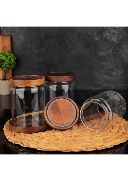 Luxury Mien 3'lü Vakumlu Akasya Kapak Cam Baharatlık 1 Adet