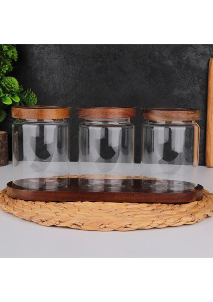 Luxury Mien 3'lü Vakumlu Akasya Kapak Cam Baharatlık 1 Adet