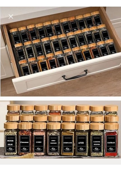Luxury 12 Li Baharat Kavanozu Köşeli Serpme Başlıklı Baharatlık Bambu Kapaklı 120 ml 1 Adet