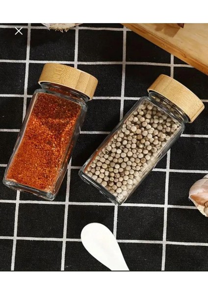 Luxury 12 Li Baharat Kavanozu Köşeli Serpme Başlıklı Baharatlık Bambu Kapaklı 120 ml 1 Adet modelleri