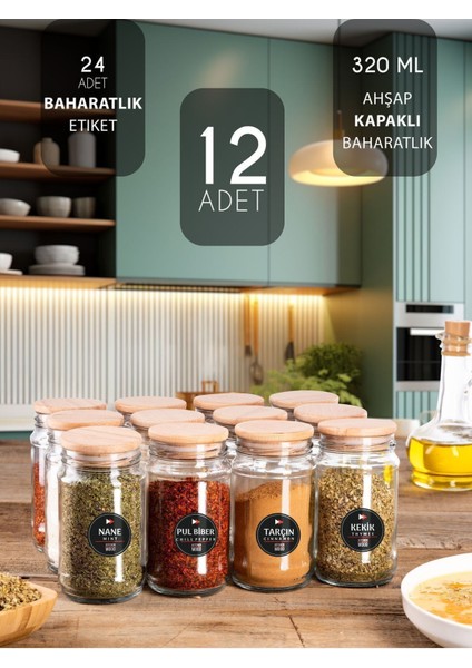 Luxury 12'li Ahşap Kapaklı 320CC Etiketli Cam Baharatlık Doğal Ahşap Kapaklı 1 Adet
