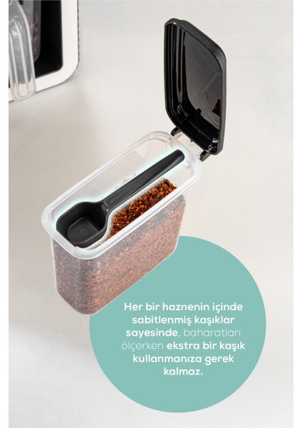 Luxury Beyaz Serigrafi Etiketli 12'li 250 ml Standlı Kendinden Yapışkanlı Kaşıklı Baharatlık Seti Siyah 1 Adet modelleri