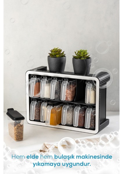 Luxury Beyaz Serigrafi Etiketli 12'li 250 ml Standlı Kendinden Yapışkanlı Kaşıklı Baharatlık Seti Siyah 1 Adet indirimleri