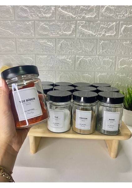 Luxury 12'li Siyah Metal Kapaklı Etiketli Kaşıklı Baharat Saklama Kabı Cam Kavanoz 350ML 1 Adet