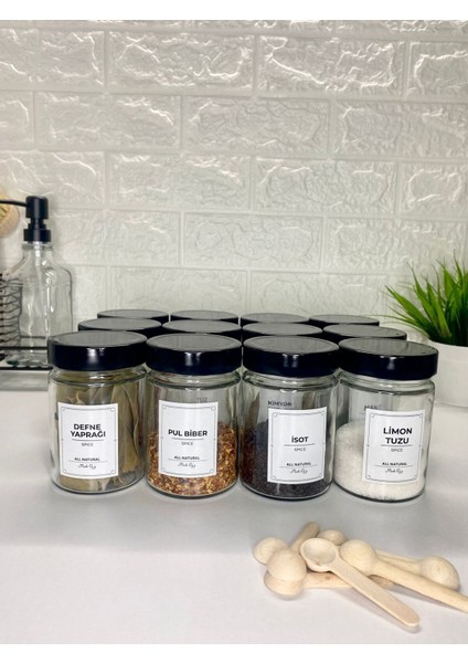 Luxury 12'li Siyah Metal Kapaklı Etiketli Kaşıklı Baharat Saklama Kabı Cam Kavanoz 350ML 1 Adet