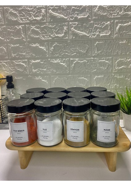 Luxury 12'li Siyah Metal Kapaklı Etiketli Kaşıklı Baharat Saklama Kabı Cam Kavanoz 350ML 1 Adet