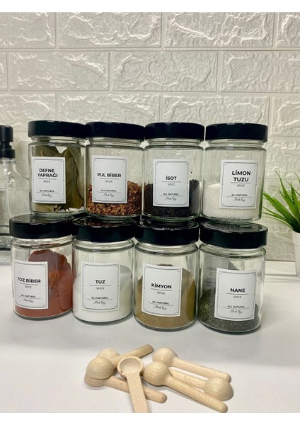 Luxury 12'li Siyah Metal Kapaklı Etiketli Kaşıklı Baharat Saklama Kabı Cam Kavanoz 350ML 1 Adet
