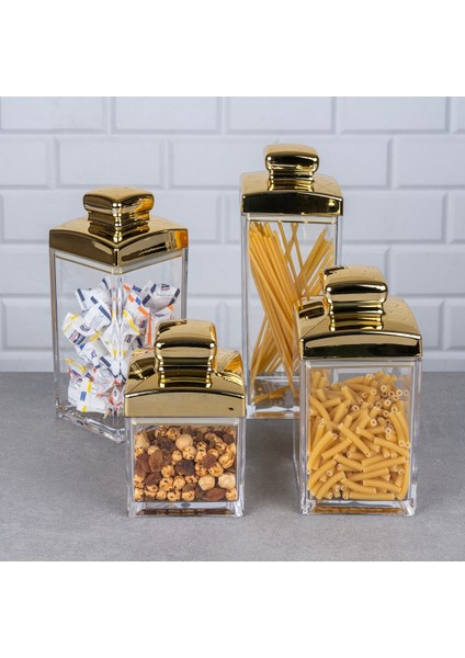 Luxury Akrilik 4'lü Gold Baharatlık Şeffaf Kapaklı Drajelik 1 Adet