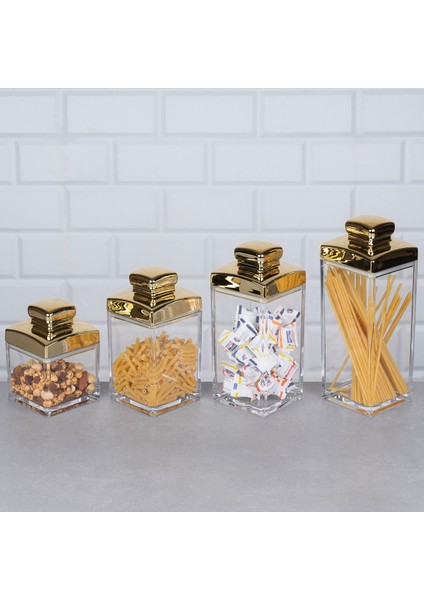 Luxury Akrilik 4'lü Gold Baharatlık Şeffaf Kapaklı Drajelik 1 Adet