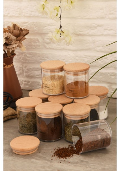 Luxury 12'li Etiketli 300 ml Bambu Ahşap Kapaklı Baharatlık Sızdırmaz Kapaklı Saklama Kabı Seti Vakumlu 1 Adet