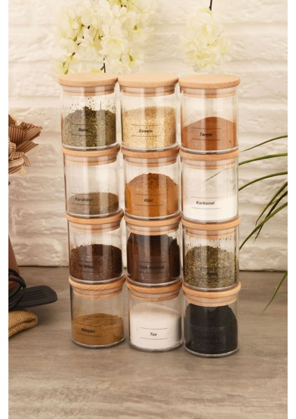 Luxury 12'li Etiketli 300 ml Bambu Ahşap Kapaklı Baharatlık Sızdırmaz Kapaklı Saklama Kabı Seti Vakumlu 1 Adet fiyatları