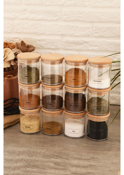 Luxury 12'li Etiketli 300 ml Bambu Ahşap Kapaklı Baharatlık Sızdırmaz Kapaklı Saklama Kabı Seti Vakumlu 1 Adet modelleri