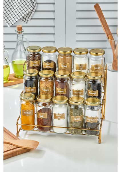 Luxury Basamaklı Metal Standlı 15LI Baharat Takımı , Basamaklı 15 Kavanozlu Baharat Seti 1 Adet