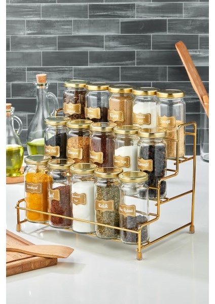 Luxury Basamaklı Metal Standlı 15LI Baharat Takımı , Basamaklı 15 Kavanozlu Baharat Seti 1 Adet