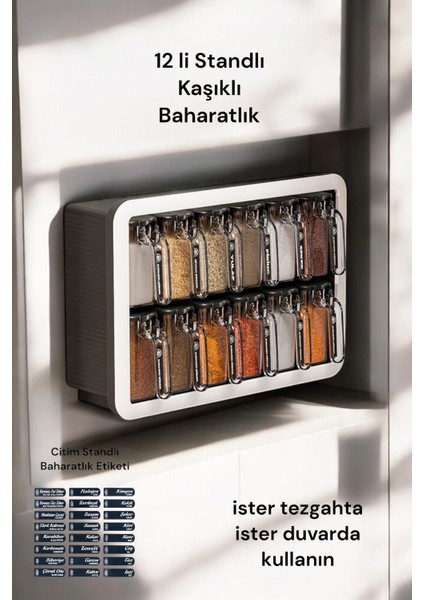 Luxury Random Standlı 12 Li Kendinden Yapışkanlı Kaşıklı Kapaklı Baharatlık Takımı-Etiketli Baharatlık- 1 Adet