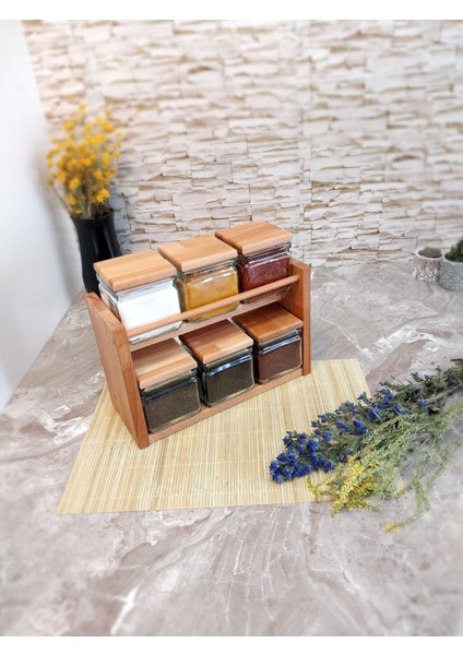 Luxury Ahşap Kapaklı, 6 Parça Kare Cam Kavanozlu Raflı Ahşap Stand Baharatlık Takımı 1 Adet