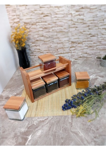Luxury Ahşap Kapaklı, 6 Parça Kare Cam Kavanozlu Raflı Ahşap Stand Baharatlık Takımı 1 Adet