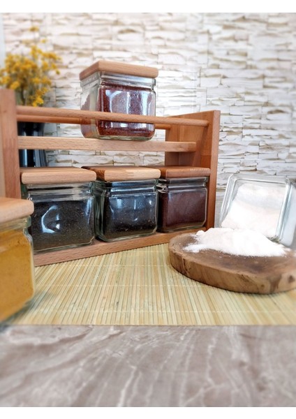 Luxury Ahşap Kapaklı, 6 Parça Kare Cam Kavanozlu Raflı Ahşap Stand Baharatlık Takımı 1 Adet