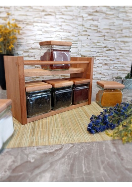Luxury Ahşap Kapaklı, 6 Parça Kare Cam Kavanozlu Raflı Ahşap Stand Baharatlık Takımı 1 Adet