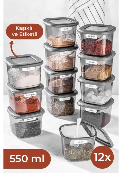 Luxury Beyaz Serigrafi Etiketli Kaşıklı 12LI Foly Erzak Saklama Kabı 0,55 Litre Baharatlık 1 Adet fiyatları