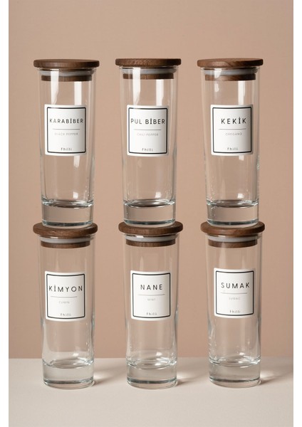 Luxury Spice - 6'lı Tulip Ağacı Vakum Kapaklı Etiket Hediyeli Cam Saklama Kabı Baharatlık Seti 290 ml 1 Adet