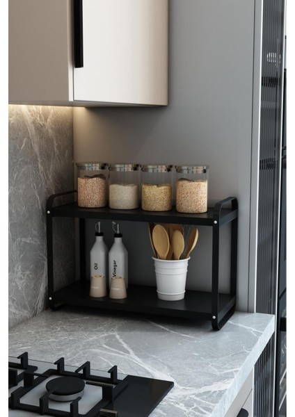 Luxury Humusmetal Mutfak Tezgah Üstü Organizer 2 Yüksek Raflı Banyo Mutfak Düzenleyici ( Siyah) 1 Adet